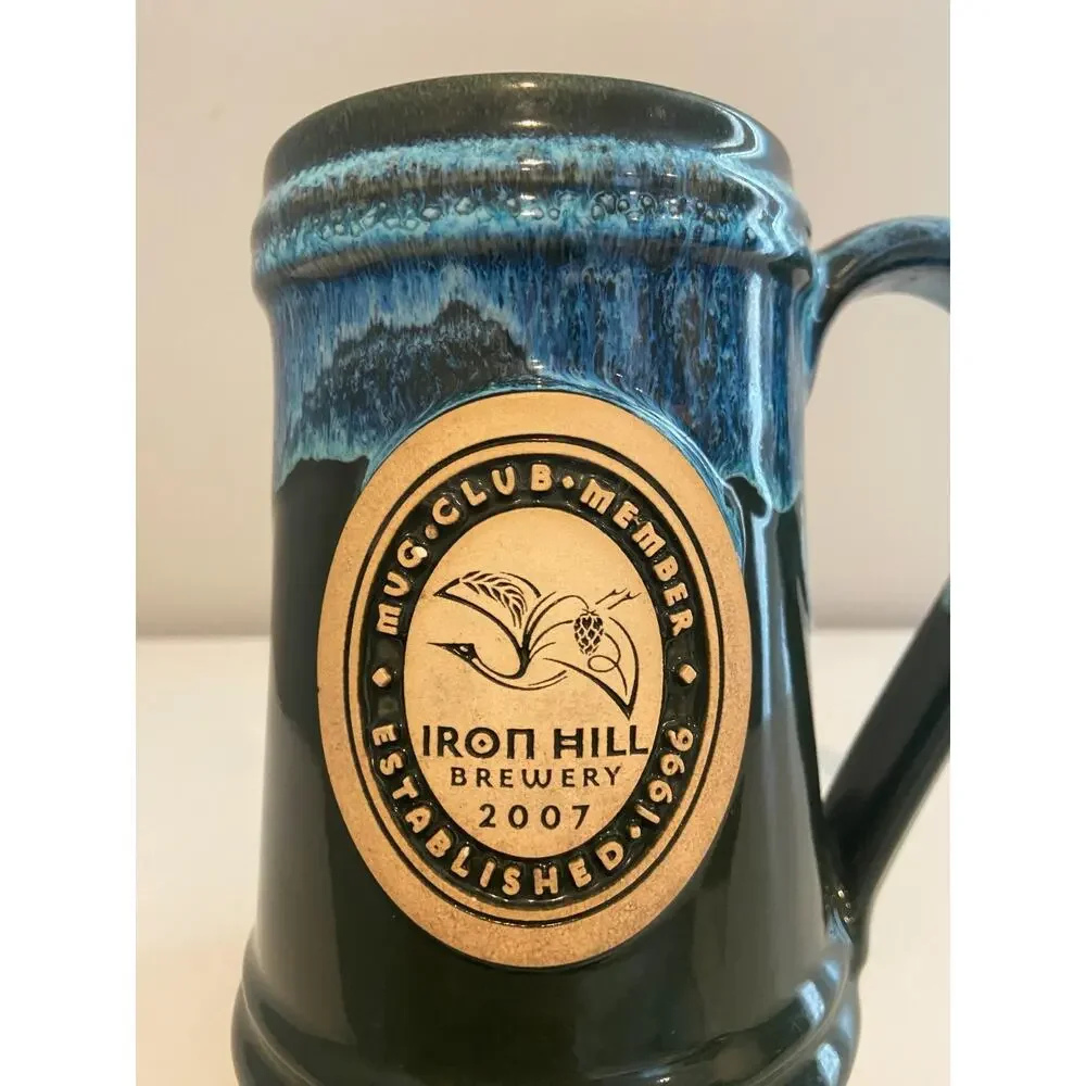 Iron Hill Brewery 2007 Mug Club Member Stein Drip Glaze Pottery Dark Green/ Blue - Picture 2 of 9